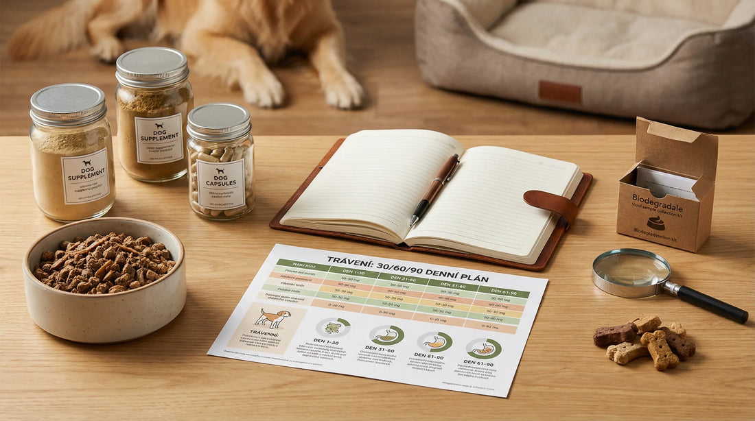 30/60/90denní plán pro citlivé trávení psa: probiotika, stolice a imunita