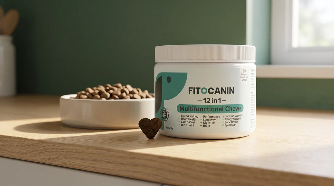 Kelímek komplexního doplňku Holistic Forte na kuchyňské lince vedle misky s granulemi — komplexní multivitamin jako přirozená součást každodenní stravy psa krmeného kompletním krmivem.