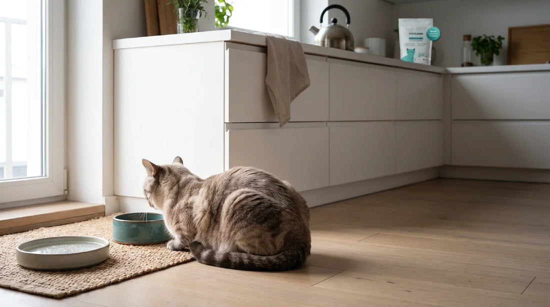 Krátkosrstá kočka odpočívá u misky na jídlo v prosvětlené kuchyni, na lince v pozadí stojí sáček probiotik Feline Biome Forte.