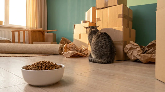 Kočka schovaná u stohu stěhovacích krabic v napůl vybaleném pokoji, v popředí plná nedotčená miska s granulemi — ilustrace ztráty chuti k jídlu při změně prostředí.